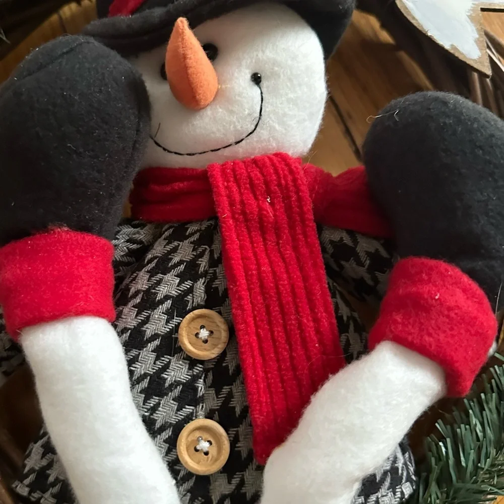 Christmas Stuffed Snowman WELCOME Door Wreath w. Red Scarf & Vines. Wood Sign.